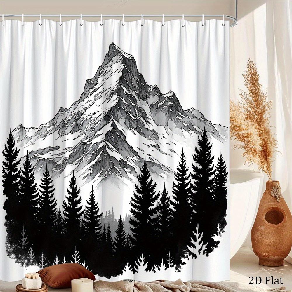 Black White Mountain Shower Curtain Pine Forest Snowy Peak, Minimalist Ink Art Bath Curtain For Modern Bathroom And Home Decor