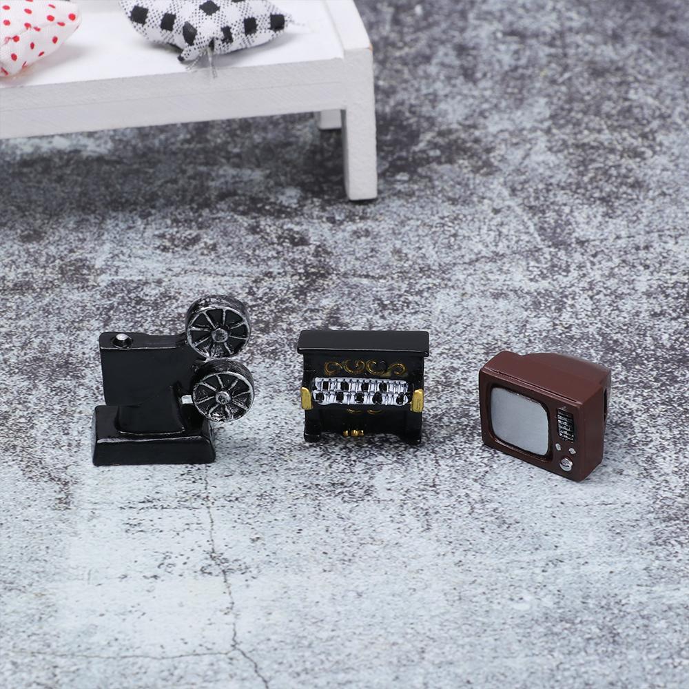 Retro Dollhouse Ornaments Toy Home Decor Mini Pianos TV Model Furniture Figurine Telephone