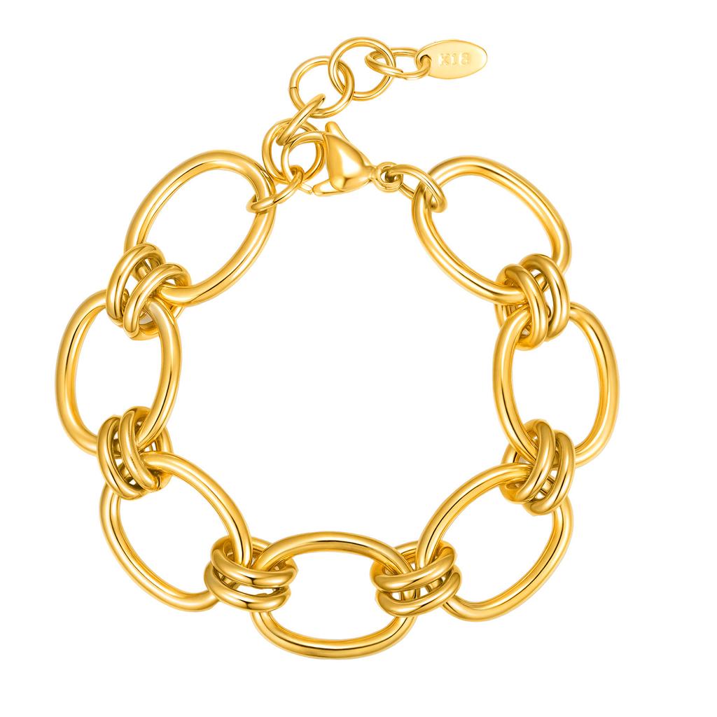 Punk Style Ladies Stainless Steel 18K Gold Plated Geometric Design Handmade Bracelet Thick Chain Jewelry Accessories Br-2646