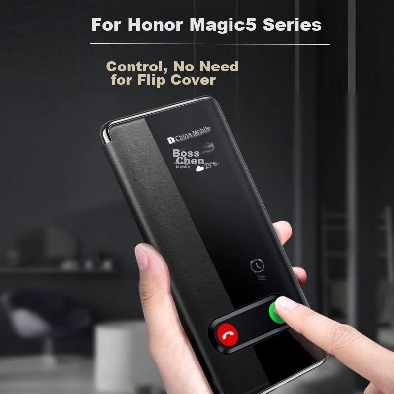 Honor Magic5 Phone Case, for Magic5 Flip Smart View Window, Huawei Honor Genuine Leather Easy-To Full Protection Anti-Drop Outer Case, Black