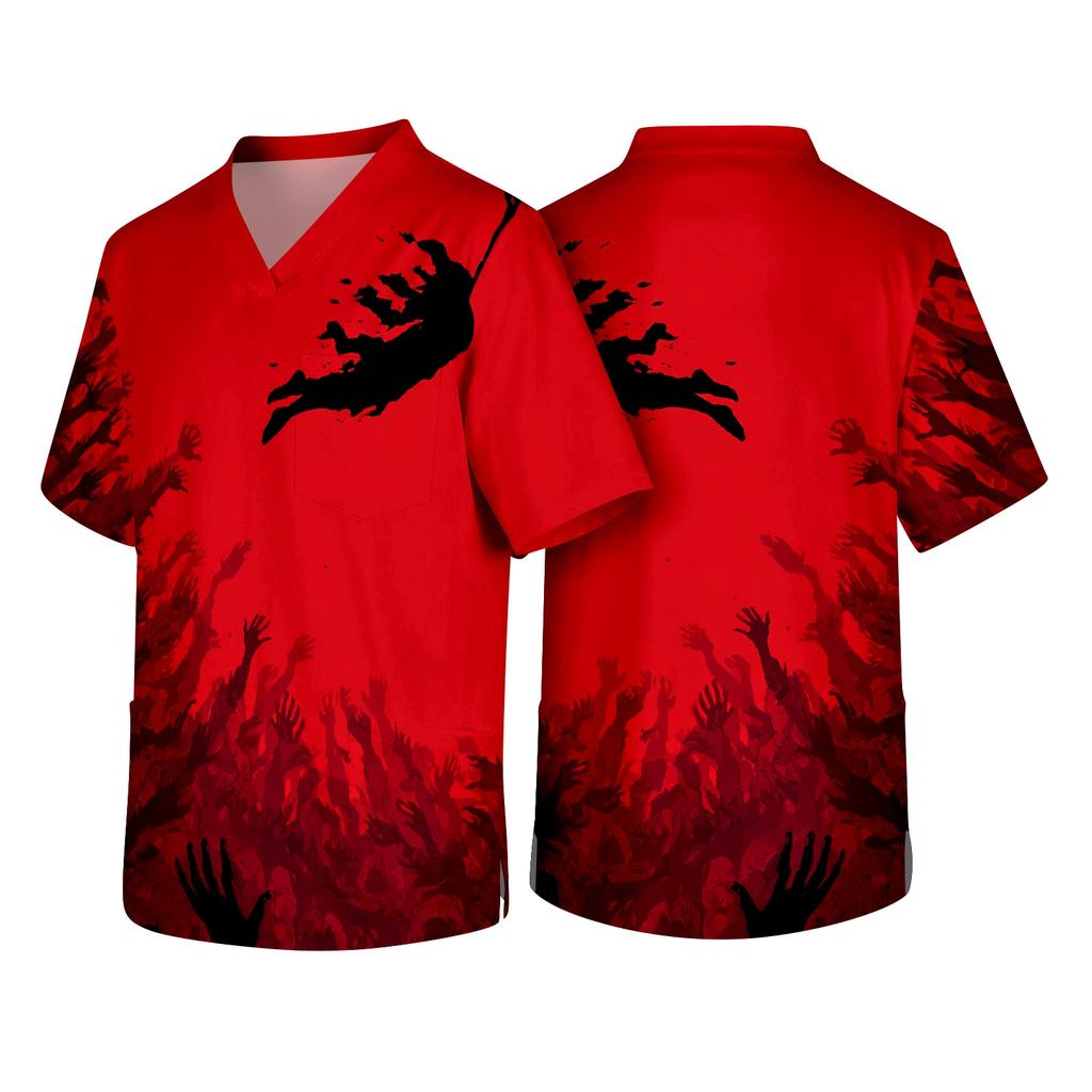 Men's Short Sleeve V Neck Halloween Print Pocket Scrub Top Medical Workwear Uniform Comfortable Fit Breathable Fabric