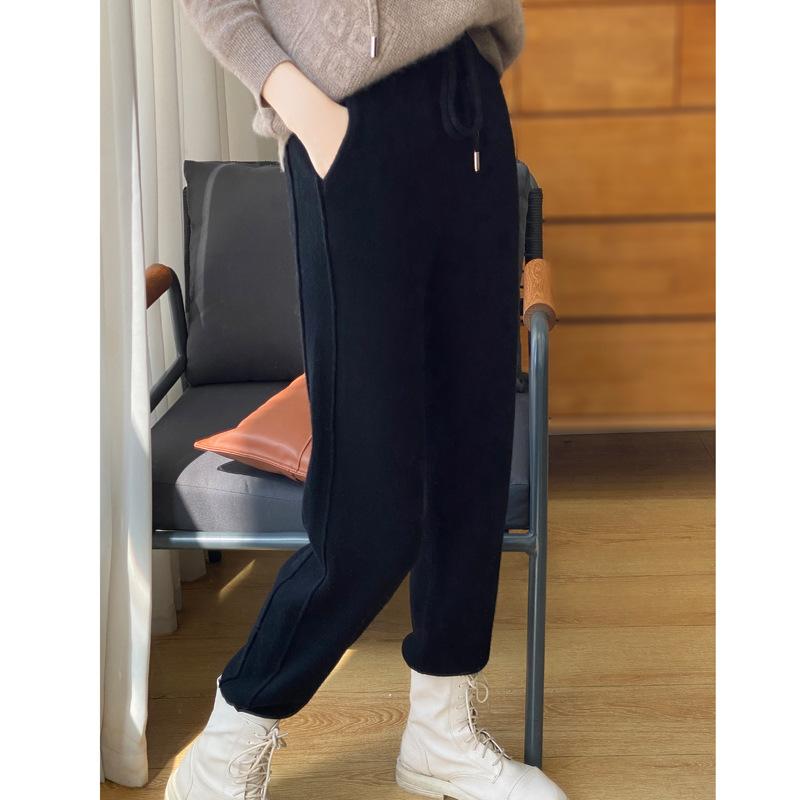 

Women s Fall/Winter High-Waisted Skinny Pants with Elastic Waistband for Slimming Effect Outerwear Knit Trousers 2XL чорний