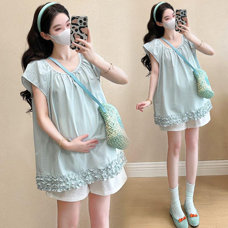 

2026 New Maternity Summer Patchwork Puff Sleeve Two-Piece Set: Stylish Short-Sleeve Shirt & Belly Support Shorts M 90-115 lbs