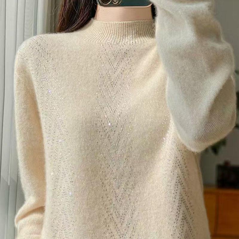 Diamond Hot-fix Korean Wool Sweater: Women's Loose, Stylish & Simple Base Layer for Autumn/Winter