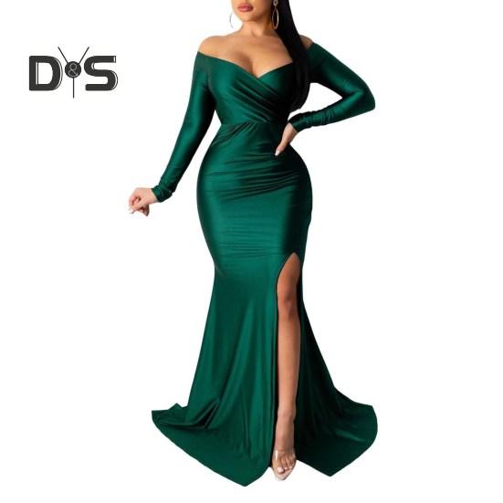 Lady Evening Dress V Neck Off Shoulder Side Slit Floor Length Long Sleeves Pleated Slim Fit Maxi Dress Ball Gown Banquet Party Dress