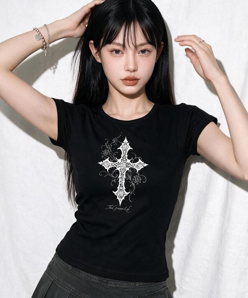 THE GREEN LAB Cross Boat Neck Slim Short Sleeve Tee [Light Pink]