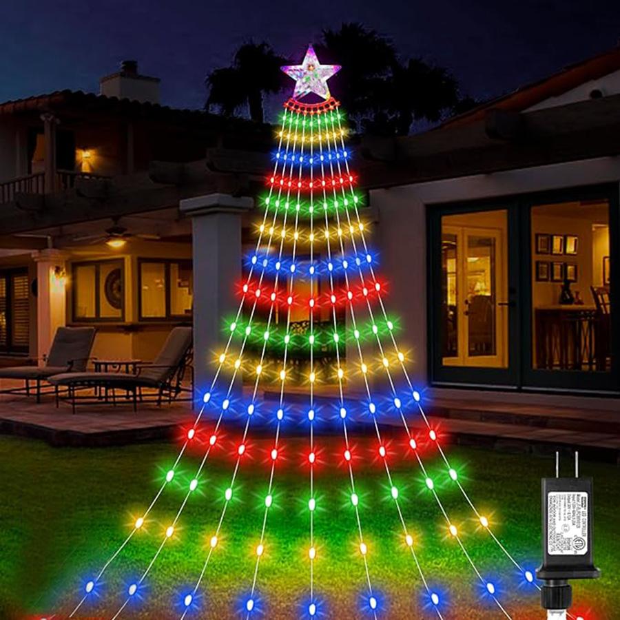 9X3M Outdoor Christmas Star String Light 288LED Lighted Waterfall Tree Hanging Garland Light with Topper Star Fairy Light