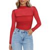 Ladies' Semi High Neck See Through Long Sleeved T-shirt with Sexy Mesh Top Shirt