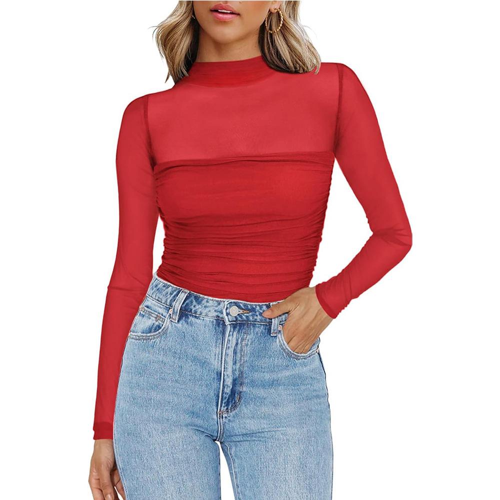 Ladies' Semi High Neck See Through Long Sleeved T-shirt with Sexy Mesh Top Shirt