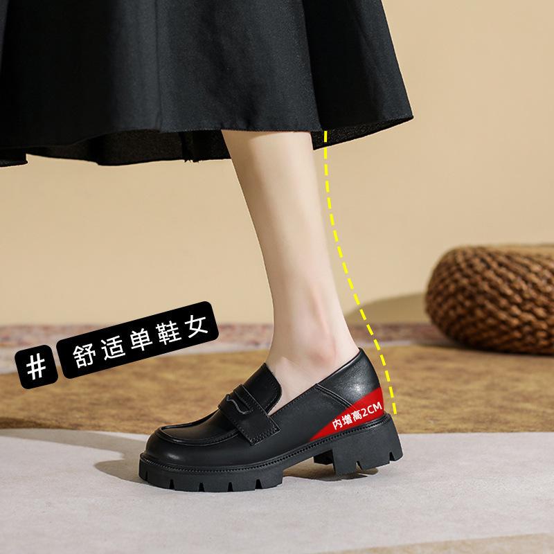 Spring and autumn new thick-soled inner height increase, one pedal thick heel Loafu small leather shoes women's small size 32333