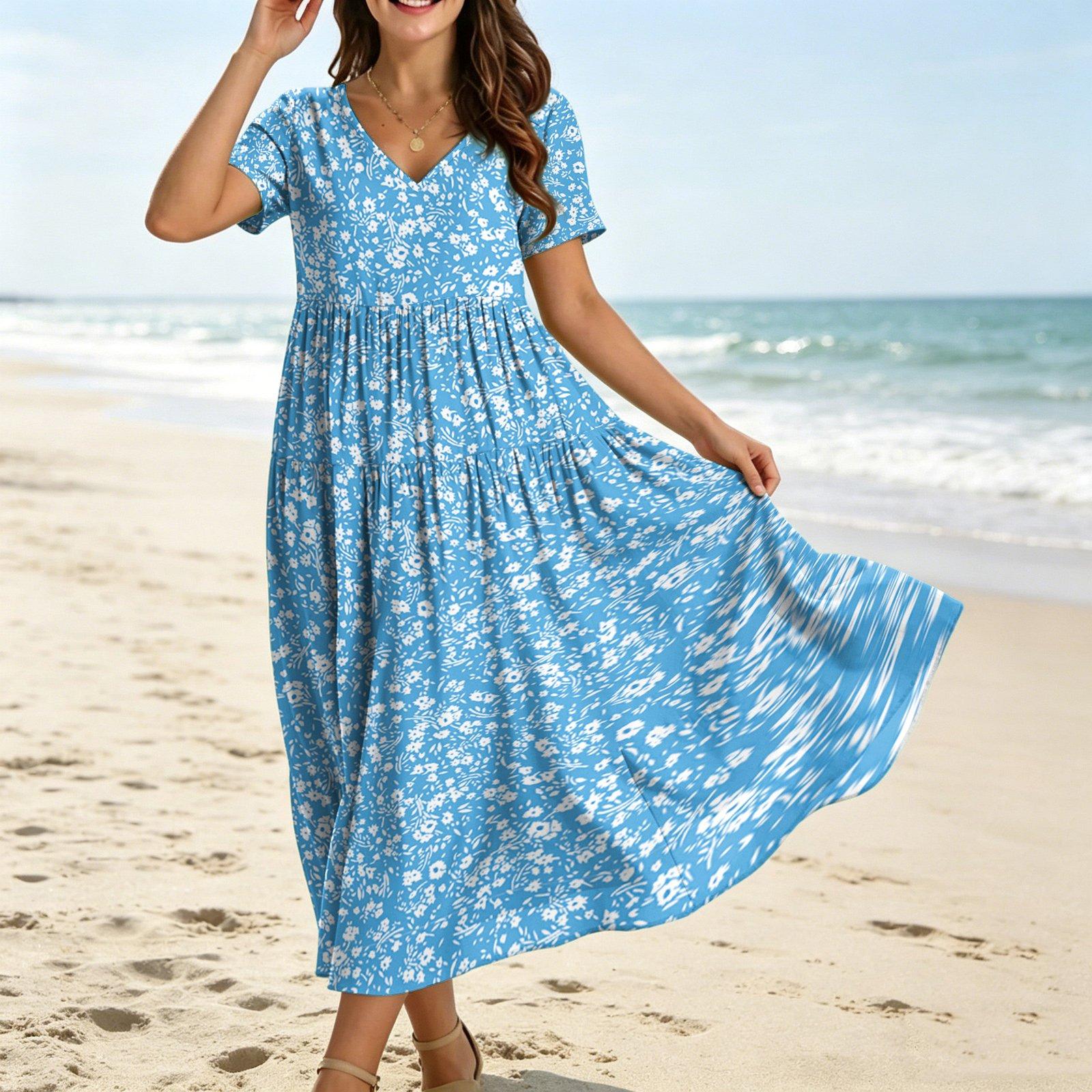 

Женское повседневное свободное богемное платье с цветочным принтом, длинное макси-платье с коротким рукавом, летнее пляжное платье-качели L синий