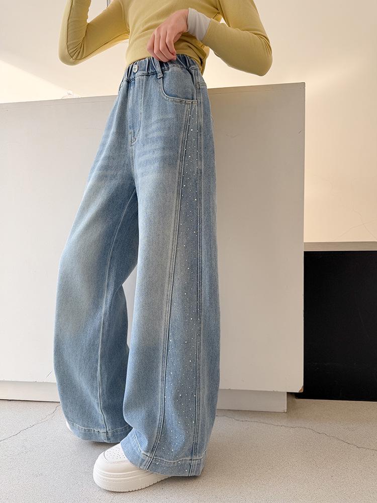 Girls' Rhinestone Straight-Leg Wide Jeans - Versatile Spring and Autumn Fashion 2026