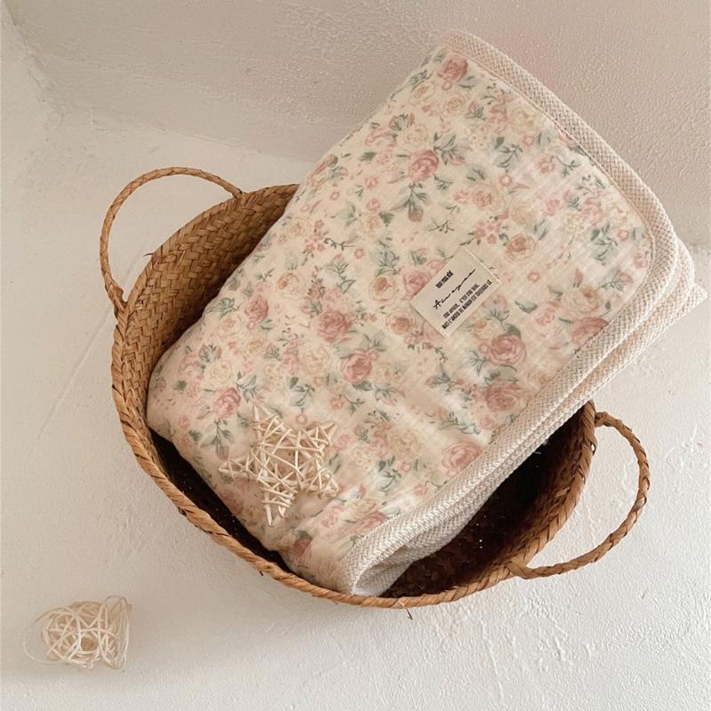 Couverture en Coton Imprimé Réversible Bord Crochet Fleur Couverture Polyvalente Double Épaisseur Chaude pour Bébés & Adultes