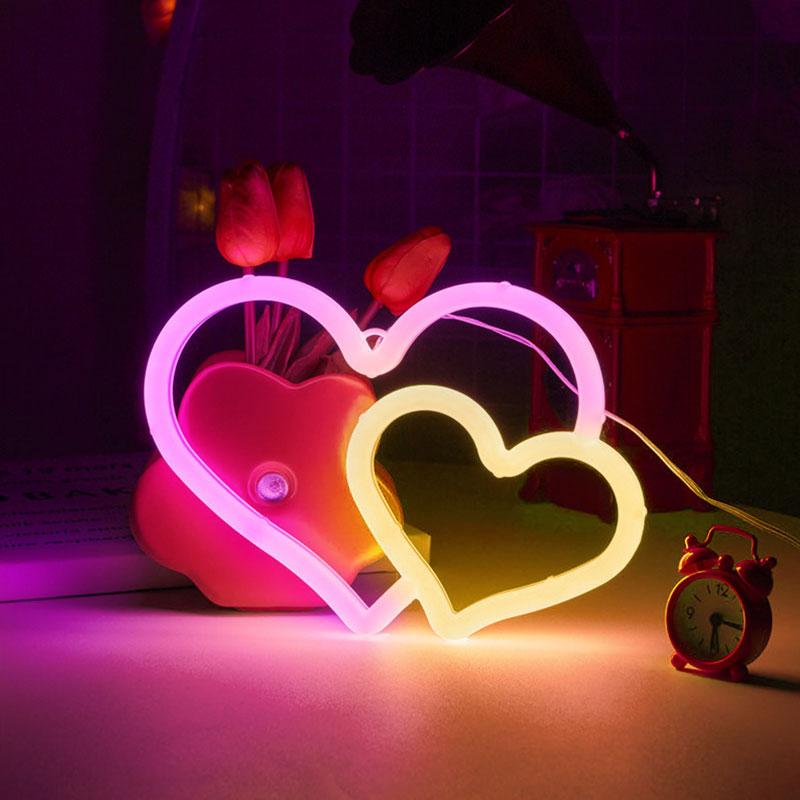 Double Love Neon Signs with Base, LED Atmosphere Light, Wall Lamp, for Birthday, Party, E-sports, Camping, Summer, Home Decor