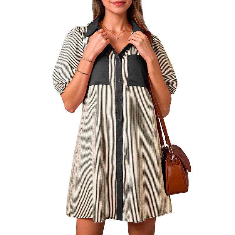 

2026 European American Short-Sleeve Striped Shirt Dress - Women s Single-Breasted Style Invalid stock, contact for new link