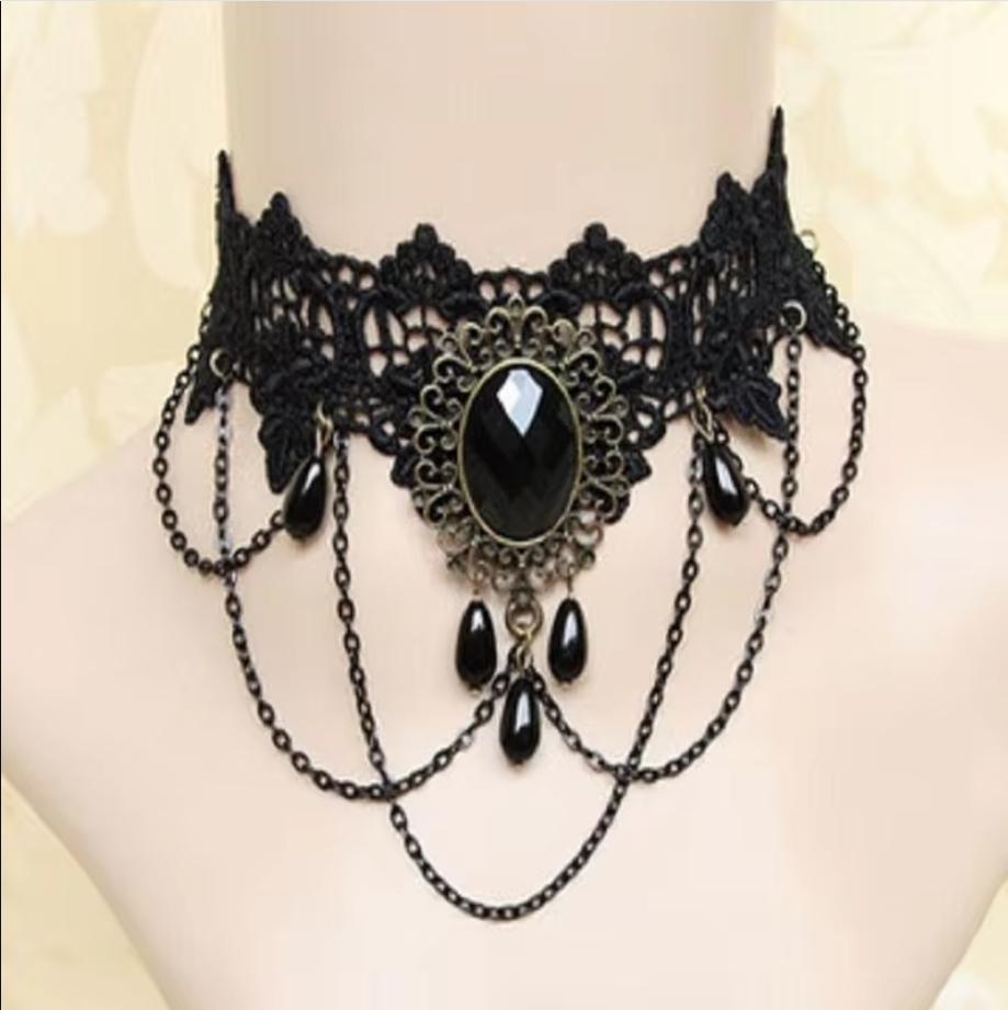 Gothic Victorian Black Lace Necklace Women Girl Boho Crystal Tassel Sexy Lace Choker Dark Loli Style Holiday Party Girl Jewelry