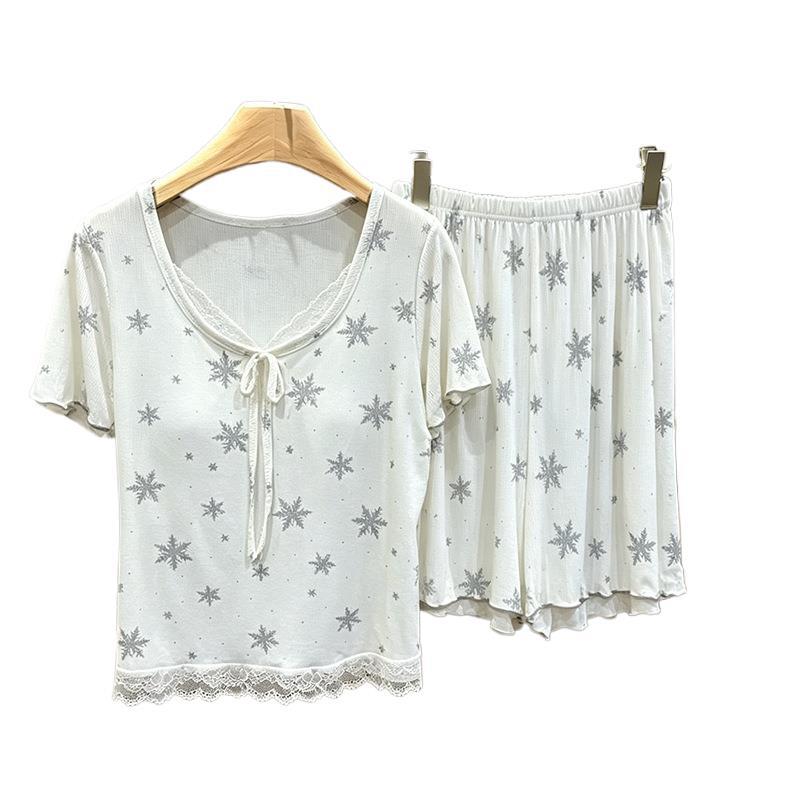 Summer Sweet Lace Short Sleeve Shorts Pajamas Women's Loungewear Slim Modal Suit