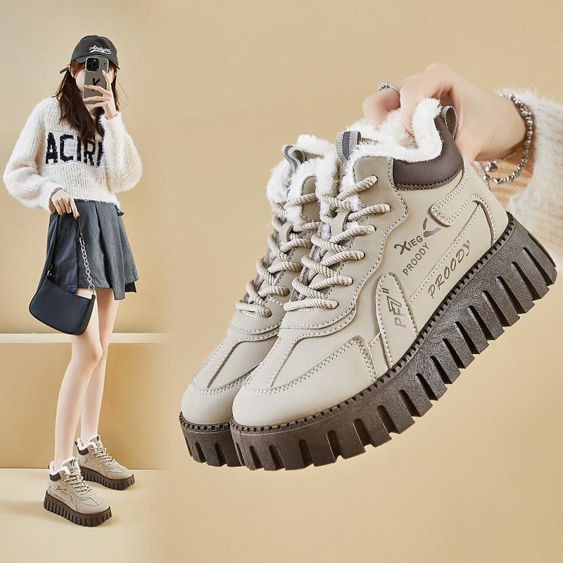 Chunky Platform Ankle Booties for Women Winter Non-Slip Snow Boots Lace-Up Faux Fur Lining Walking Shoes Women's Warm Fleece Lined High Top Sneakers
