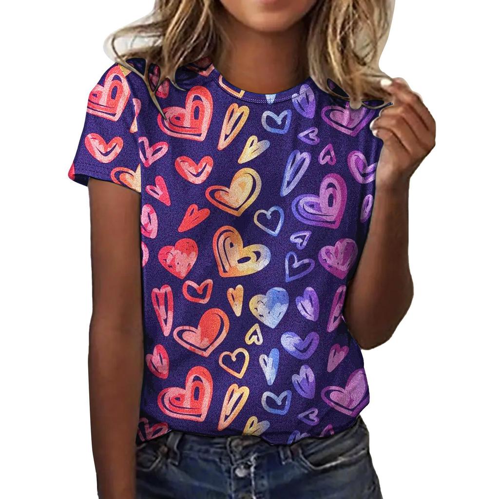 Summer Round Neck 3D Love Flower Print Top Fashionable Casual Short Sleeved Women's T-shirts