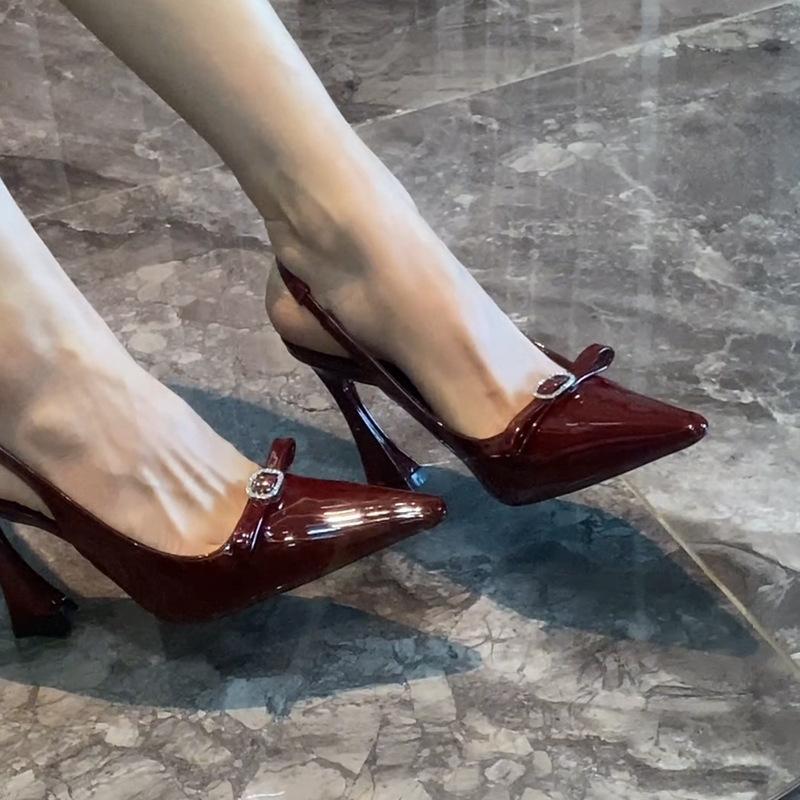 Burgundy Bow Buckle Rhinestone Sandals Women's Horseshoe Heel One-word Strap Sexy Celebrity High Heels