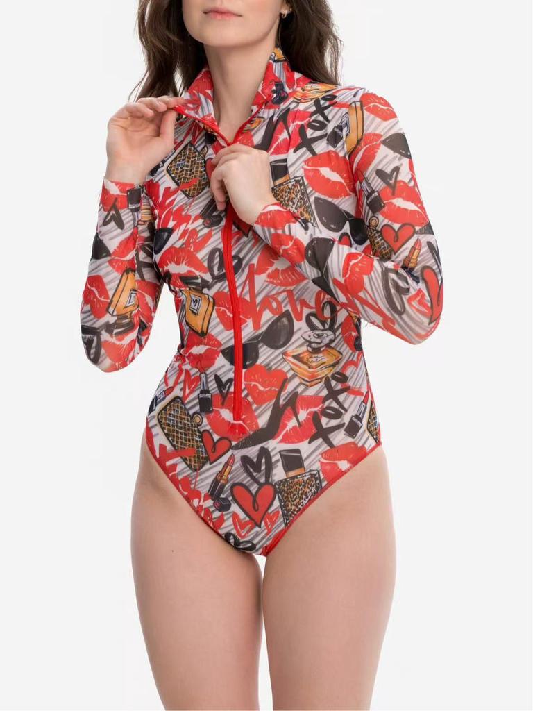 Costume da Bagno Intero Sexy con Zip Europeo & Americano - Muta da Surf a Maniche Lunghe per Donna