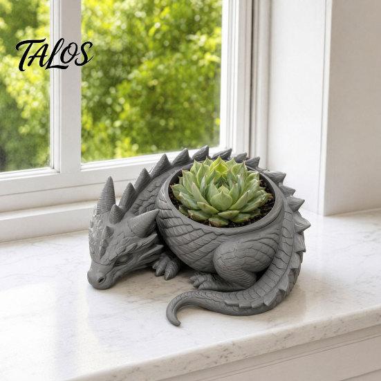 Talos 3D Printed Lying Dragon Flowerpot for Small Green Plants, Decorative Succulents Pot Ornament, Dark Style Figurine Home Office Desktop