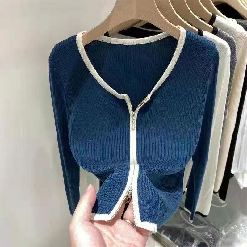 

Academy style knitted cardigan long-sleeved shirt spring and autumn women s clothing new threaded zipper slim-fit bottoming shirt top one size fits all синий