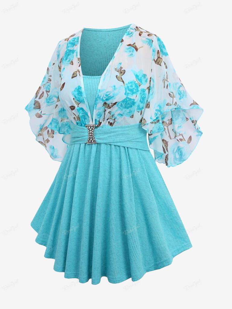 Rosegal Plus Size Rose Flower Print Mesh Ruffles Crystal Buckle Ribbed Textured Flare Sleeve 2 In 1 Top