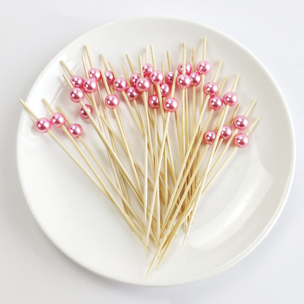 100 pezzi di perle per matrimonio, spiedini monouso in bambù, bastoncini per cocktail di frutta, cibo, buffet, snack, forchette, forniture per matrimoni, compleanno