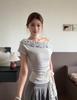 Niche design slanted shoulder short-sleeved T-shirt women's summer new three-dimensional multi-layer lace pure desire sexy top