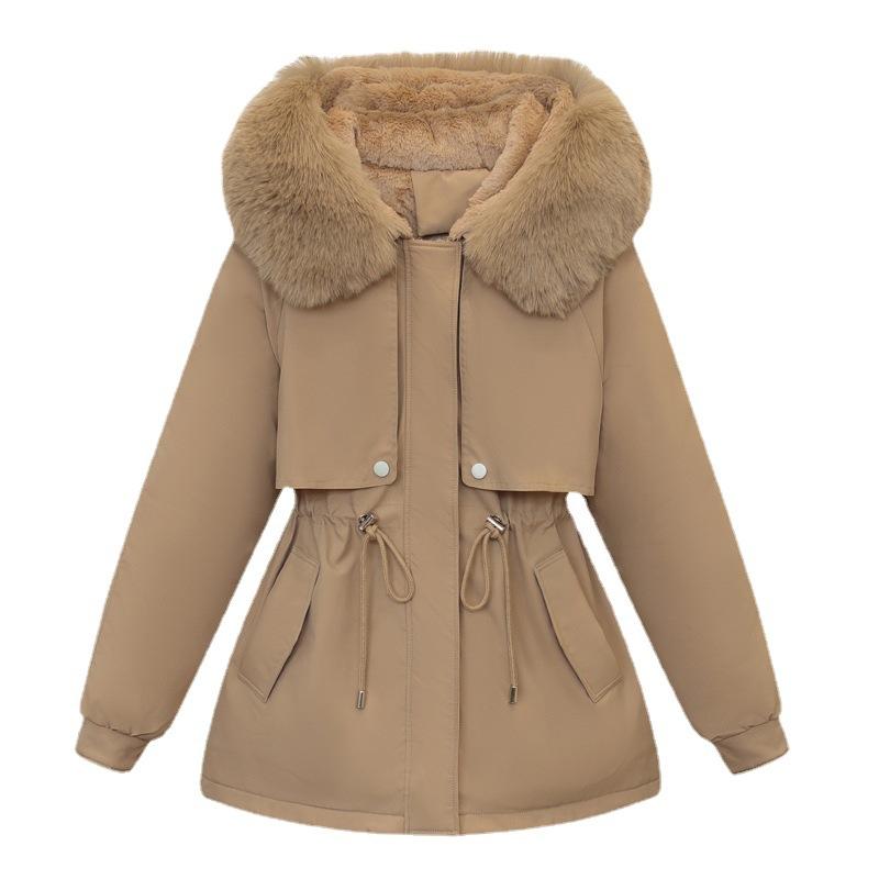 Roupas de algodão modelos médios e longos femininos, novas roupas de inverno, roupas de algodão com pele integrada, torta de veludo solta para superar jaqueta quente