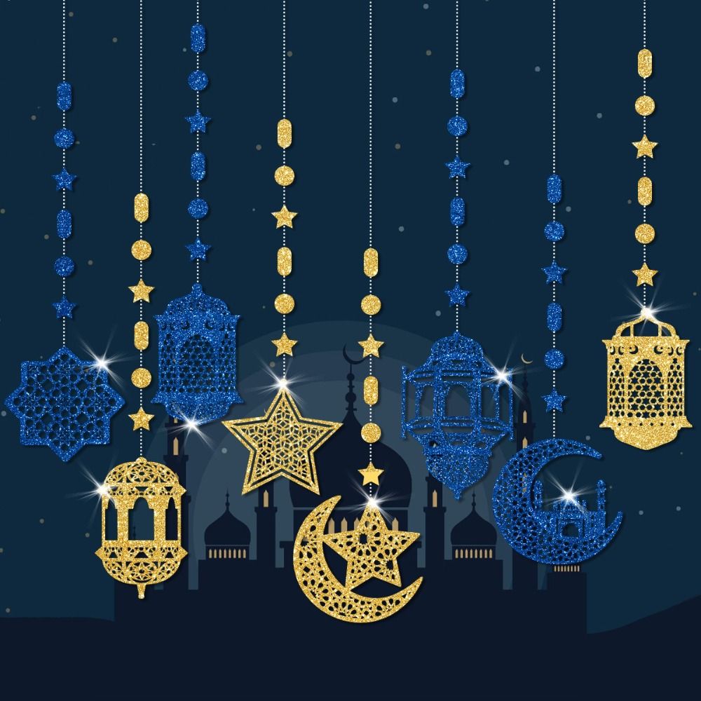 Gold Silver Eid Mubarak Banners Glitter Paper DIY Paper Star Moon Lantern Pull Flag Ceiling Hanging Ramadan Kareem Decor
