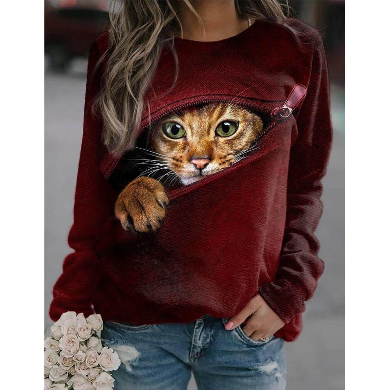 Höst 3D Katt Tryckta Sweatshirts Trendiga Casual Sport Långärmade Dam Sweatshirts