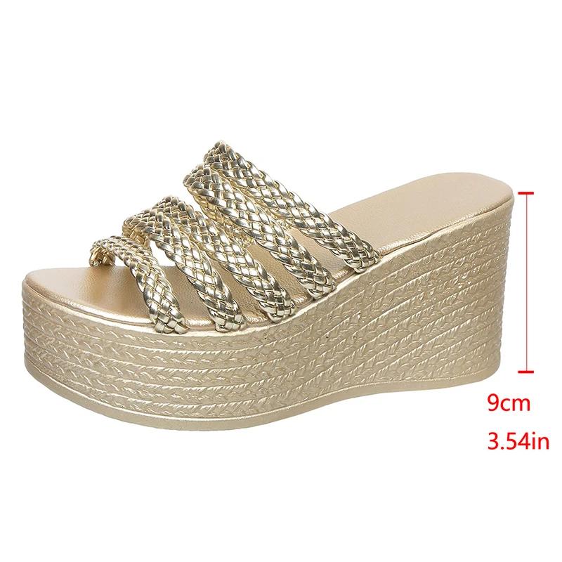 Fashion New Fashion Gold Wedge Sandals for Women Summer Braided Strap Chunky Platform Sandles Woman Thick Bottom Non Slip Beach Slippers