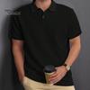 Men Tops Lapel Short Sleeve Solid Color Tee Shirt with Jacquard Decoration Jacquard Fabric Solid Color Tops