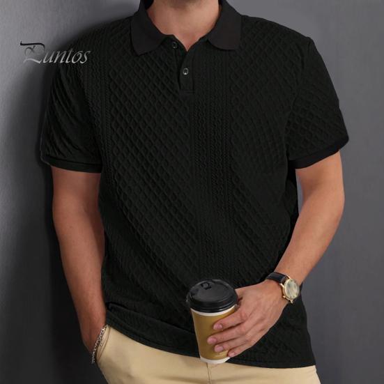 Men Tops Lapel Short Sleeve Solid Color Tee Shirt with Jacquard Decoration Jacquard Fabric Solid Color Tops
