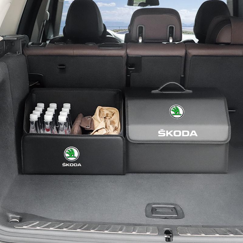AAAJI1 2026 Gorąca Torba do Przechowywania Bagażnika Samochodowego SKODA Skórzane Pudełko Kempingowe Składane Dla Skoda VRS Octavia Superb Rapid Kodiaq Karoq Fabia K