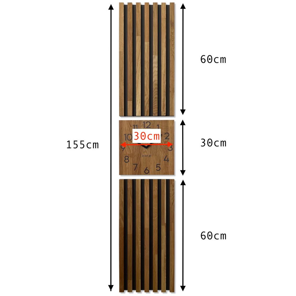 Oak panel clock in slats 155x30cm