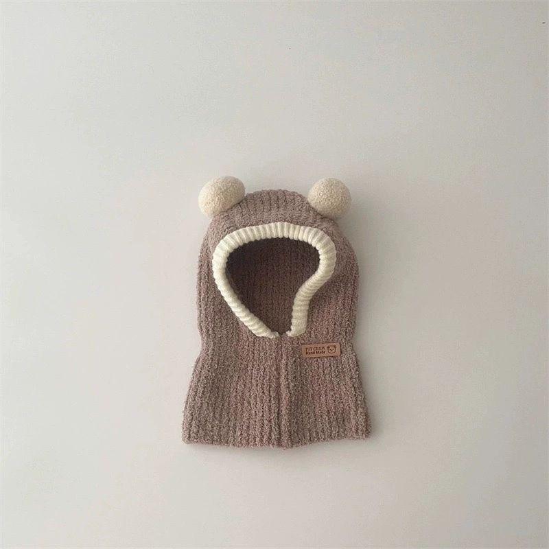 Children's hat and scarf integrated autumn and winter baby windproof and warm plush hat cute double ball boys and girls ear hat