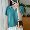 Women Knit T-shirt Summer Knitted Shirt Short Sleeve Tees Turn-down Collar Pullover Knit Tops Female