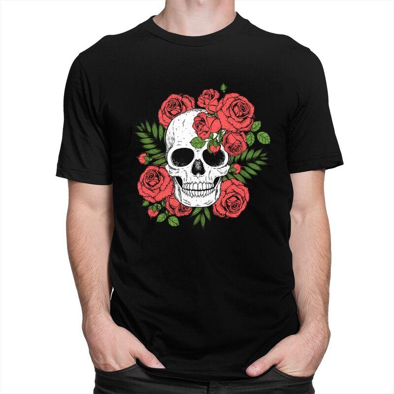Custom Skull Roses Flowers T Shirts Men Short Sleeve Tshirts Streetwear Tee Tops 100 Cotton Slim Fit Tshirts Merch