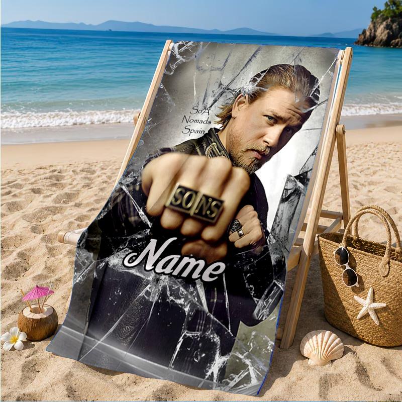Custom Name Group Portrait Sons Heart In Space Adventure Microfiber Beach Towel, Lightweight for Summer Travel, Swimming Pool Fan Gift
