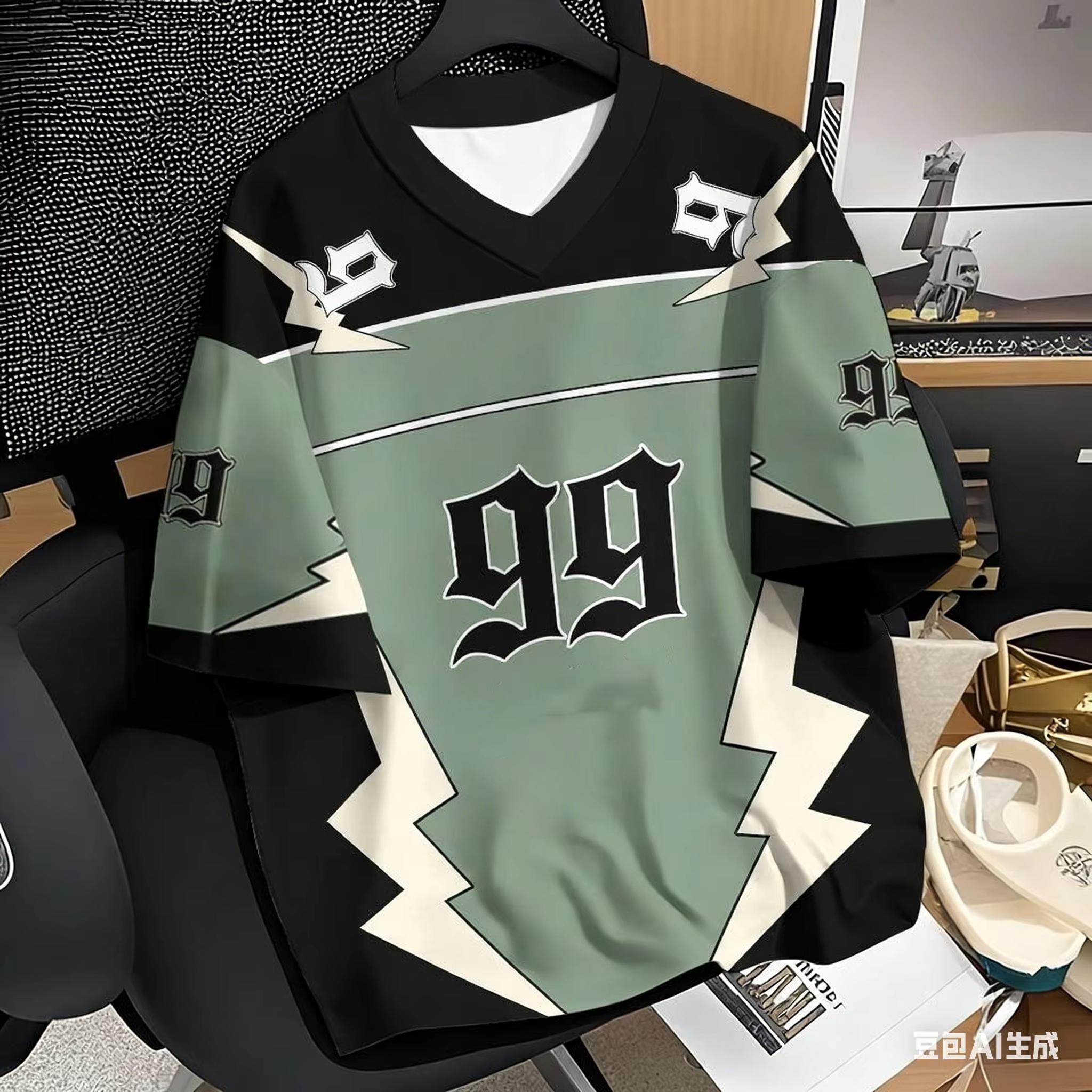 Summer Couple Outfits Number 99 Color Block Print T-Shirt Short Sleeve Sport Loose Jersey T-Shirt Vintage Loose Striped Clothes S
