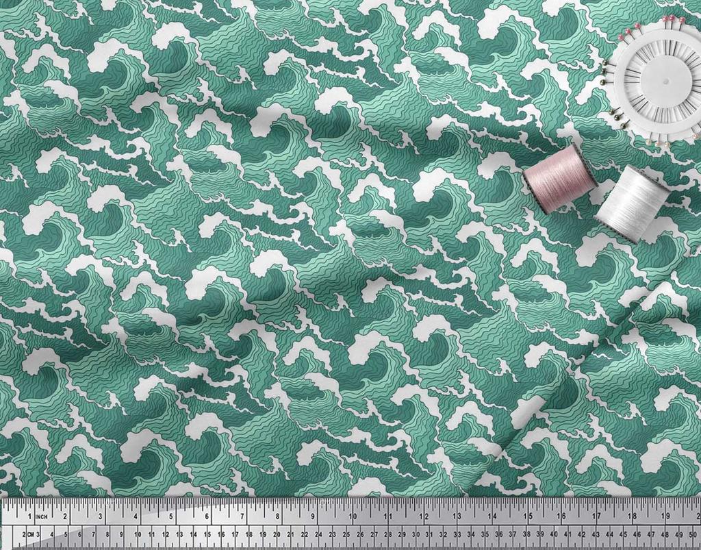 Soimoi Japan Crepe Satin Fabric Waves Shirting Decor Fabric Printed Metre 42 Inch