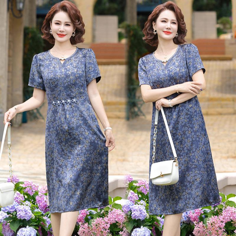 Blue Floral Print Slimming Dress for Middle-Aged and Elderly Women - Summer 2026 Fashion