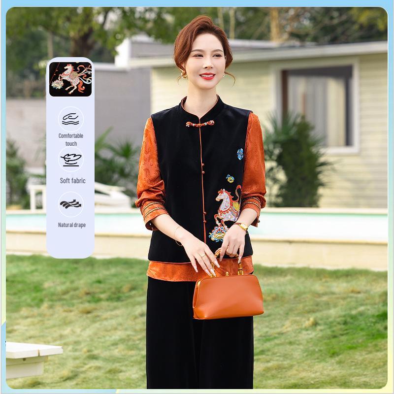 Zodiac Year Velvet Embroidered Vest for Middle-Aged Women - Color Block Stand Collar