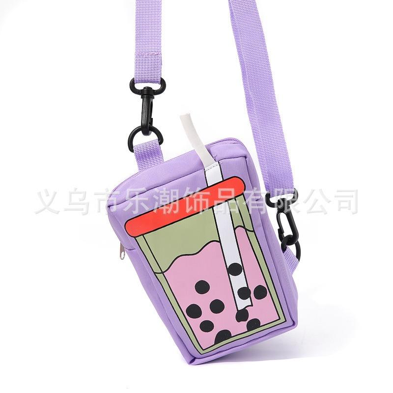New Dopamine Style Cute Bubble Tea Pattern Creative Canvas Change Bag Crossbody Mobile Phone Bag Small Backpack