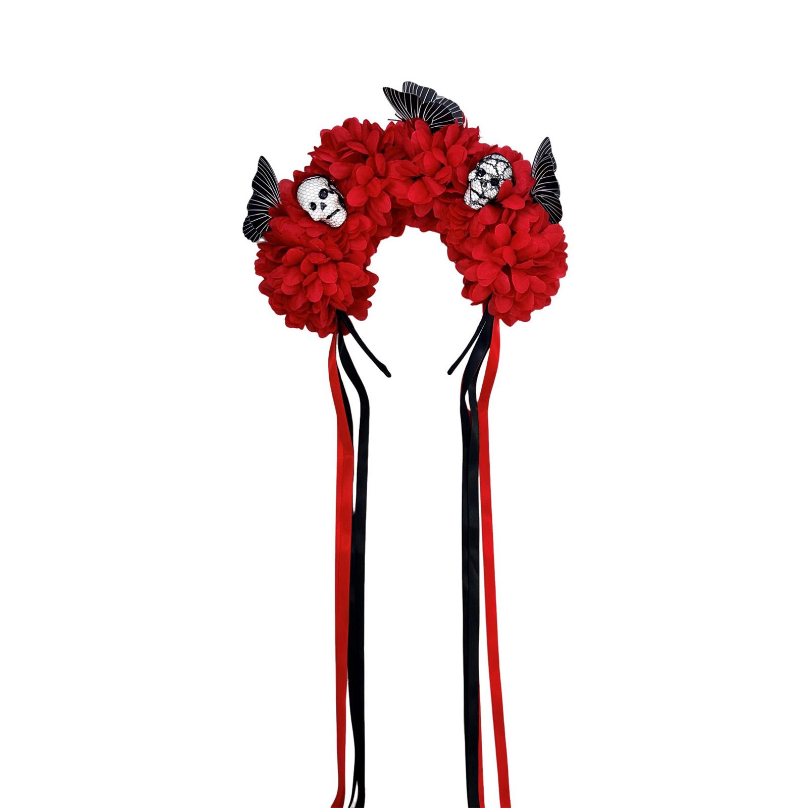 

Reusable Practical Plastic Skull Headband And Simulated Floral Decors Costume Headband For Halloween Theme Parties червоний