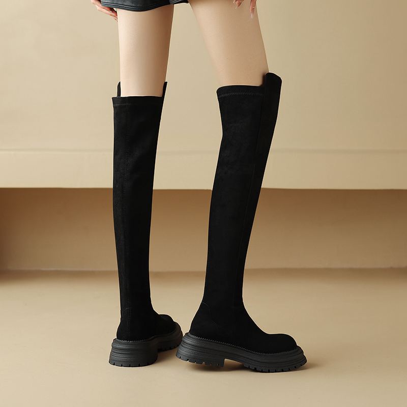 Krazing Pot Flock Autumn Winter Shoes Med Heels Flat Platform Size 42 Over-the-knee Boots Slip on Elastic Thigh High Boots