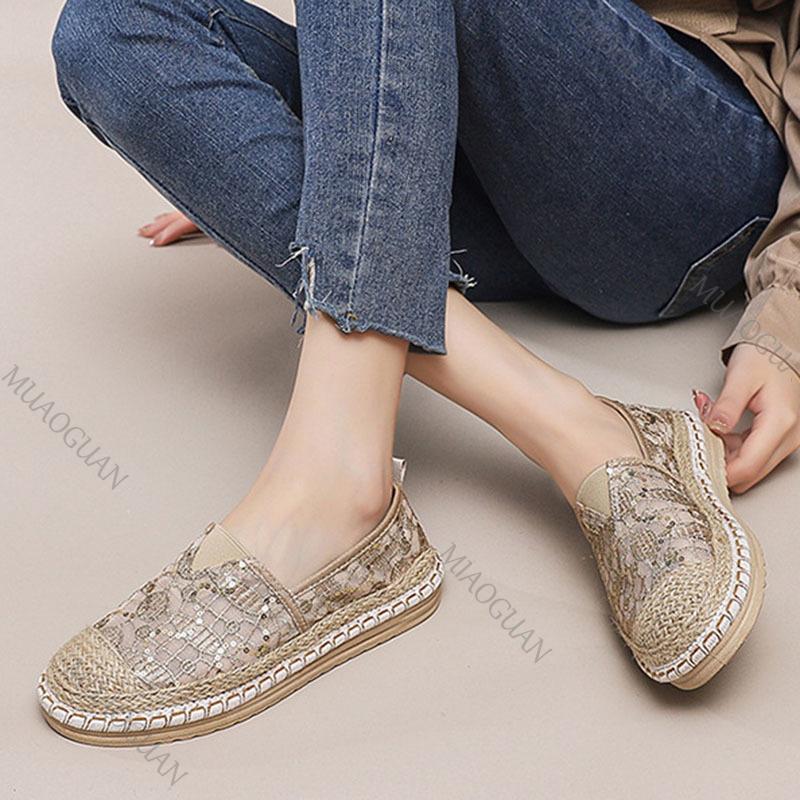 Fashion Lace Breathable Fashion Flats for Women Casual Slip On Spring Summer New Weaving Sequins Loafers Mixed Color Flat Single Shoes